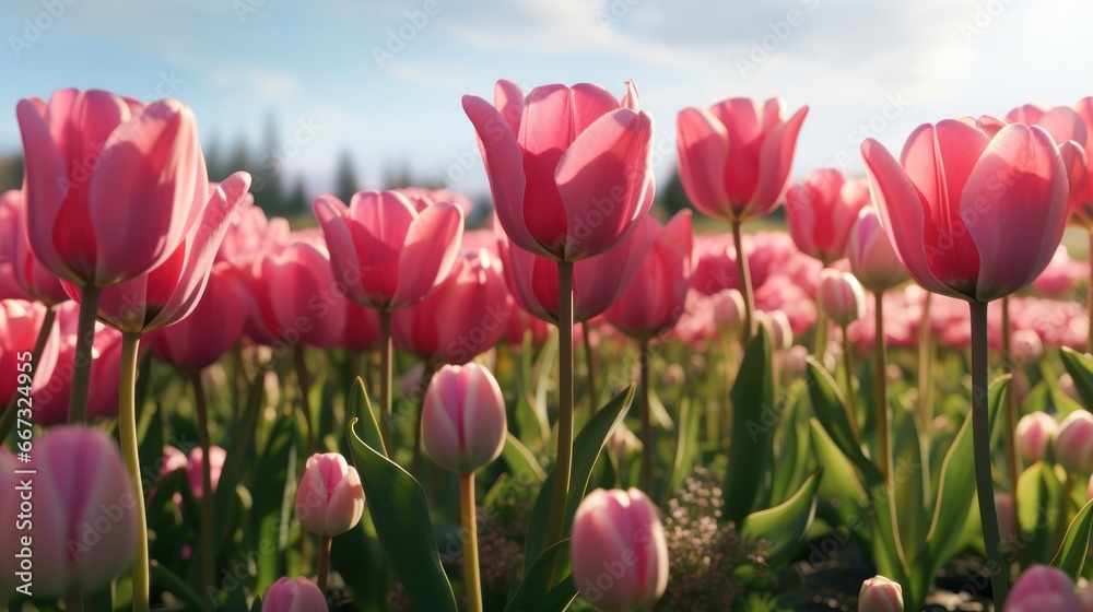 Pink tulips blooming in the field. Beautiful spring flowers. Tulips. Mother's day concept with a space for a text. Valentine day concept with a copy space.