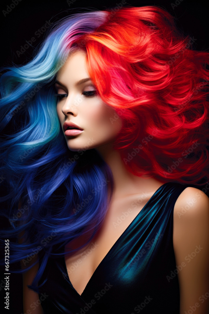 A woman with colorful hair posing for a picture. Color brilliance and eye catching hair perfection.