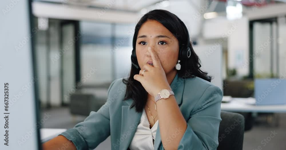 Call center, woman and consultant frustrated, angry or upset for computer glitch, customer support or office. Telemarketing, female person or agent help, stress or consulting in workplace business