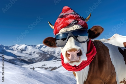 Lustige Kuh mit Sonnenbrille, Mütze und Schal in den Bergen