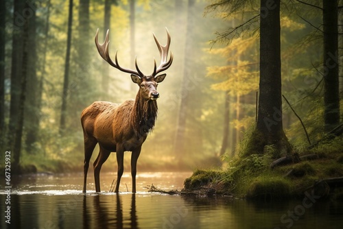 A mighty elk in woodland by a pond. Generative AI © Stevie