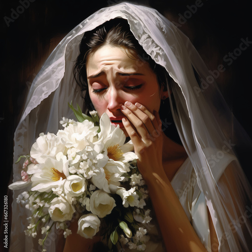 bride with veil - An ugly crying bride shot from 3/ 4 profile, holding a beautiful bouquet. She has an asymetric face, droopy eyes, very dry hair and a crooked nose
