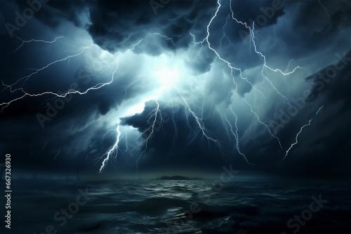 Lightning thunderstorm flash over the night sky. bad weather, cataclysms (hurricane, Typhoon, tornado, storm)