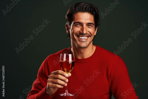 Cheerful young man in a red sweater holding glass of wine and smiles at the camera