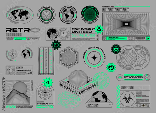 Retro Futuristic Brutalism Acid Y2K Badges Labels and Logos Illustrations
