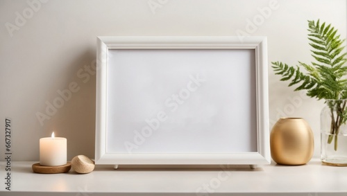 Empty photo frames on a wooden table with some plants