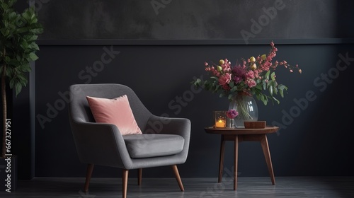 Armchair in a spacious living room. A pink armchair in a spacious living room with a lamp and table surrounded by flowers and a shelf against a grey wall with a dark painting With copyspace for text