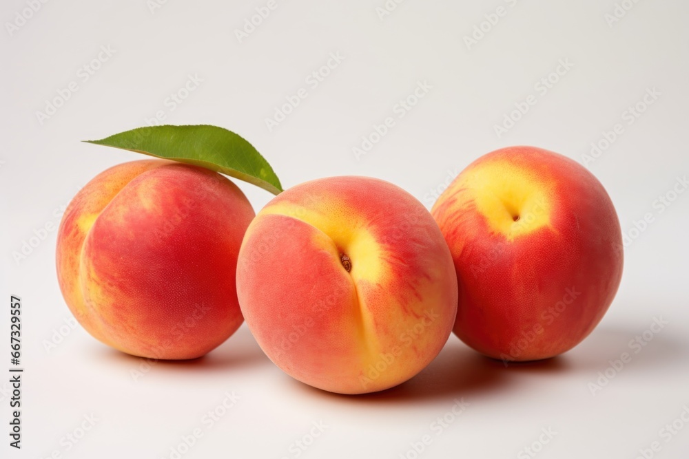 Three peaches with a leaf on a white surface. Photorealistic, on white background