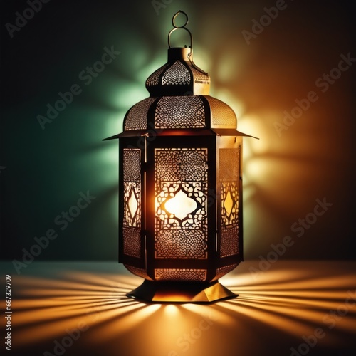 An ornamental Arabic lantern with colorful glass glowing on a dark background, a greeting for Ramadan and Eid.