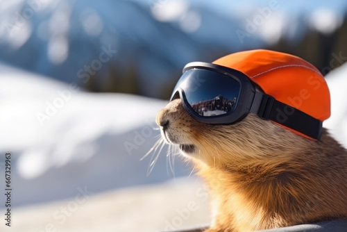 Murmeltiere im Gebirge mit Skibrille und Mütze photo