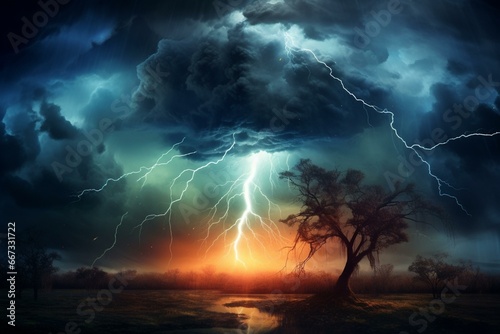 Vibrant stormy tornado with lightning background. Generative AI photo