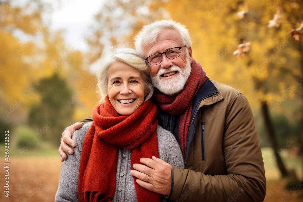 Portrait of an elderly couple together. Happy senior couple in autumn park.