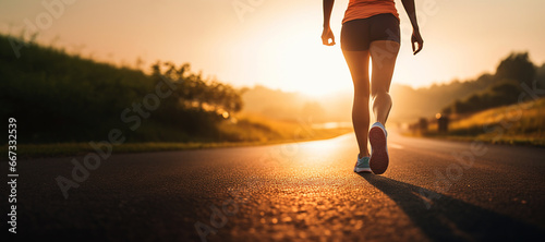 Back view of Young woman doing exercise walking and run on country road in the morning with sunrise background. Close Up legs. Concept of health and lifestyle.