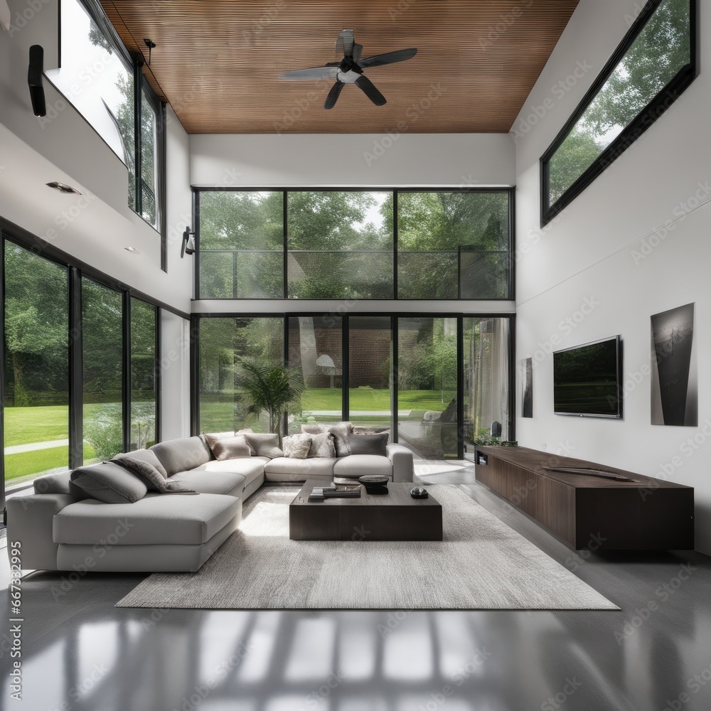 Fototapeta premium Living room in a bright modern house open floor plan minimalist style.