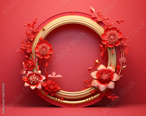 Flower, floral decorated red-gold circle shape empty frame background desihn