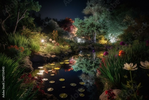 Nighttime garden with vibrant colors, water, moonlit scenery. Generative AI