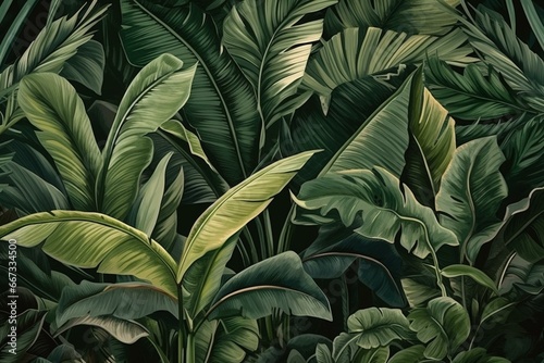 Seamlessly repeated pattern of lush tropical foliage in a jungle setting. Generative AI