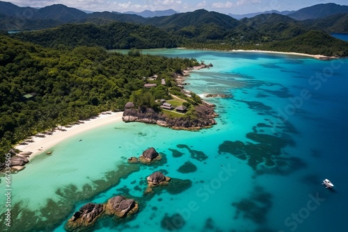 Aerial shot of beach and lagoon in Seychelles. Generative AI © Xiomara