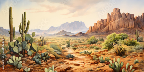 West Texas Big Bend Cactus Watercolor Painting - Desert Landscape Artwork with Beautiful Cacti, Mountains, and a Watercolor Technique, generative AI