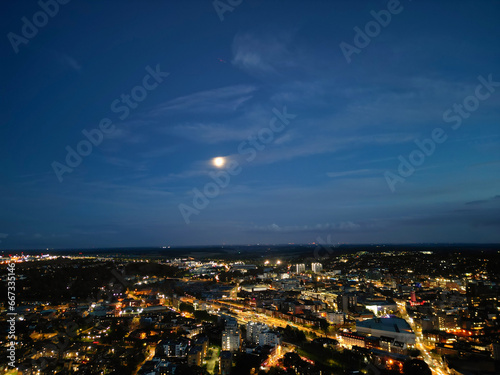 Aerial View of Illuminated British Downtown View of Luton City  England UK. Image Captured After sunset over United Kingdom with Drone s Camera