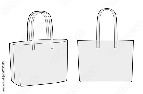 East West Large Tote silhouette bag. Fashion accessory technical illustration. Vector satchel front 3-4 view for Men, women, unisex style, flat handbag CAD mockup sketch outline isolated