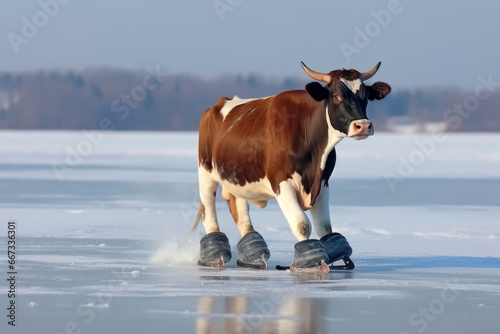 Lustige Kuh beim Schlittschuhlaufen auf einem zugefrorenen See photo