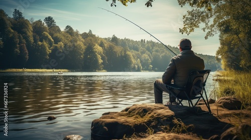 Fotografiet Anglers are enjoying a peaceful day, fishing along the banks of rivers and lakes