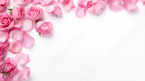 beautiful pink roses on white background  flat lay. space for text