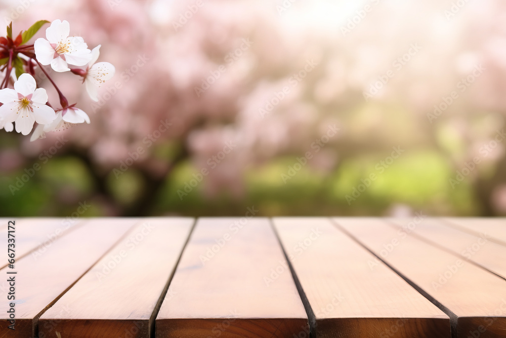 wooden table against the background of blooming sakura. pink texture with place for text. copy space. blur and bokeh.