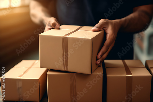 Warehouse worker is packing order boxes for e-commerce delivery, preparing packages for courier delivery or online sales, e-commerce concept.