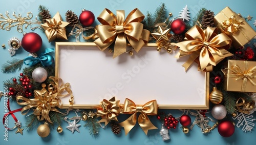 A festive background with Christmas gifts and ornaments on a flat background. Perfect for holiday marketing and advertising. With copyspace and top view.
