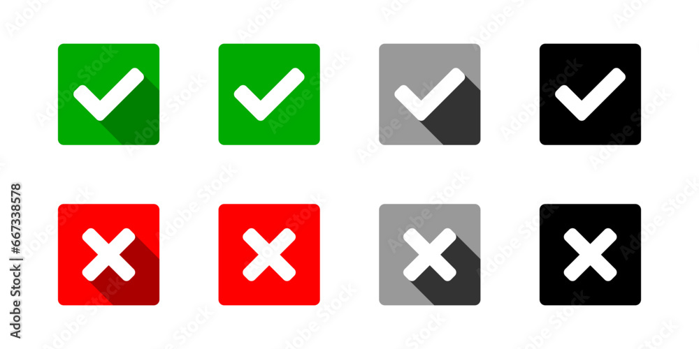 Yes and No or Right and Wrong or Approved and Declined Icons with Check Mark and X Signs with 3D Shadow Effect in Green Red Grayscale Black Squares with Rounded Corners. Vector Image. Yes and No or Right and Wrong or Approved and Declined Icons with Check Mark and X Signs with 3D Shadow Effect in Green Red Grayscale Black Squares with Rounded Corners. Vector Image.
