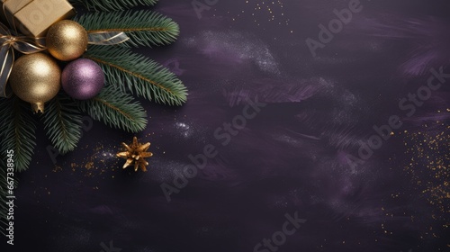 Christmas background. Christmas ornaments, pine branches and cone. Top view