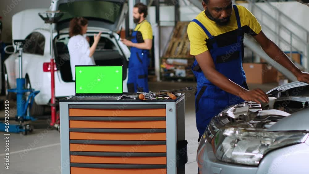 Green screen laptop placed on working bench in busy garage next to professional tools while african american serviceman fixes car. Chroma key device in auto repair shop next to mechanic