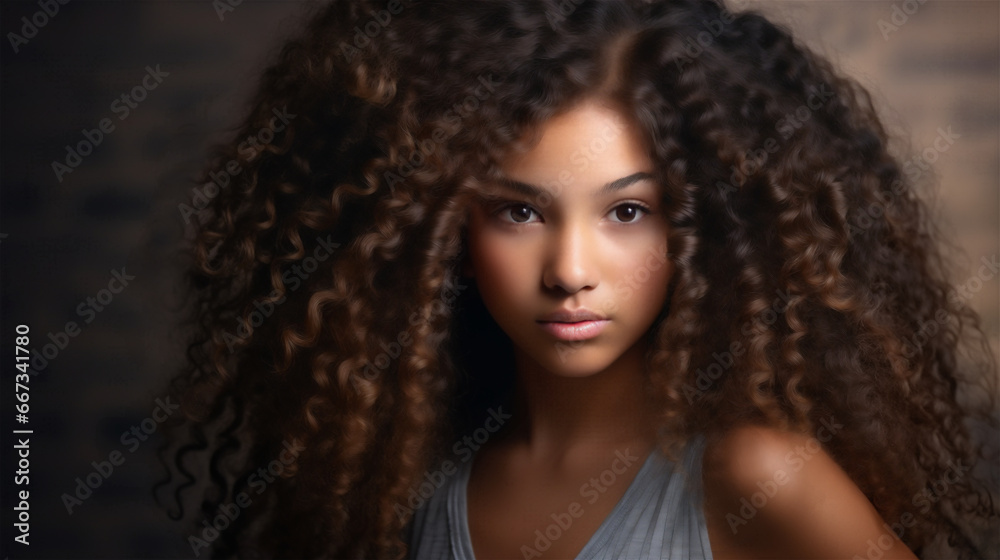 Portrait of a young female model with curly dark brown hair highlighting a healthy lifestyle, clear skin and natural complexion. African American. Portrait of a young female model with curly dark brown hair highlighting a healthy lifestyle, clear skin and natural complexion. African American.