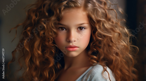 Portrait of a young female model with curly brown hair highlighting a healthy lifestyle, clear skin and natural complexion.