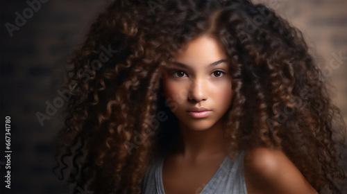 Portrait of a young female model with curly dark brown hair highlighting a healthy lifestyle, clear skin and natural complexion. African American. 