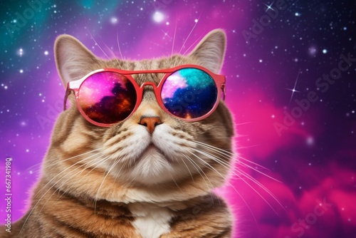 A cat wearing glasses with a vibrant and galactic backdrop. Generative AI © Matej