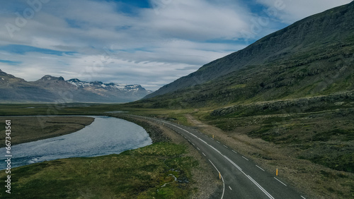on beautiful road, travel background, aerial scenic landscape from Iceland