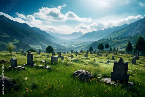 Old cemetery in the mountains, Spring cemetery with graves, Autumn cemetery, Nostalgic atmosphere