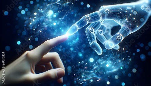 Human finger interacts with a luminous digital robotic hand, symbolizing the convergence of humanity and advanced technology in a sparkling blue universe.