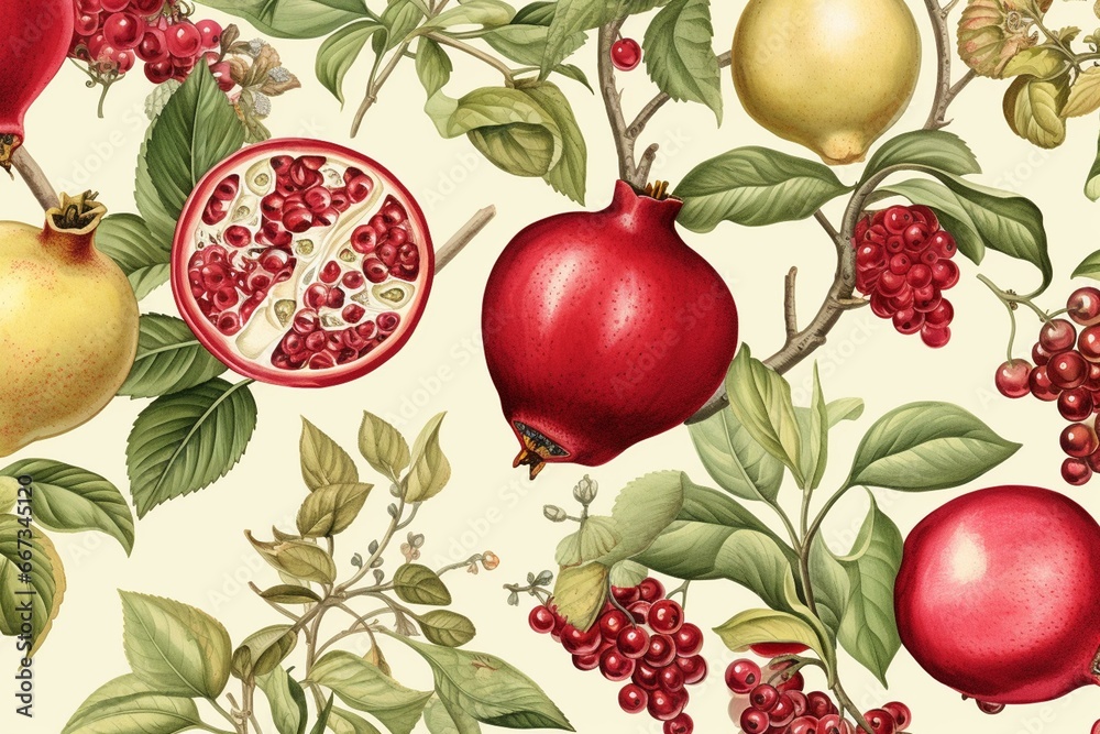 Seamless fruit pattern featuring pomegranates and leaves, showcasing a vintage botanical illustration. Generative AI