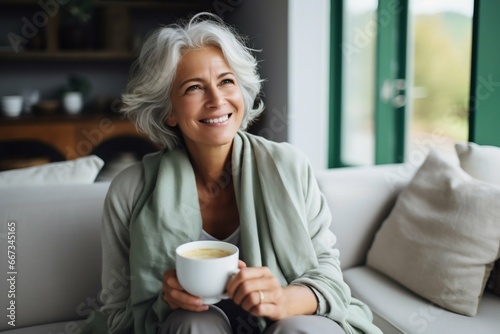 Joyful Mature Woman Enjoying Coffee on a Sofa in a Contemporary Living Room. Generative ai