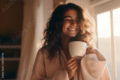 Cozy Morning: Woman Savoring a Warm Cup of Coffee in Home Comfort. Generative ai photo