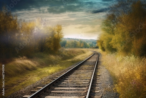 Peaceful train track in rural area, digitally created.. vibrant. Generative AI
