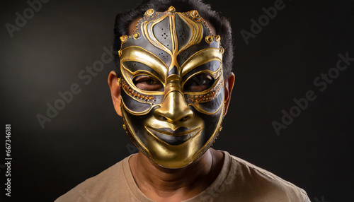 portrait of a man in a strange theatrical mask on a black background