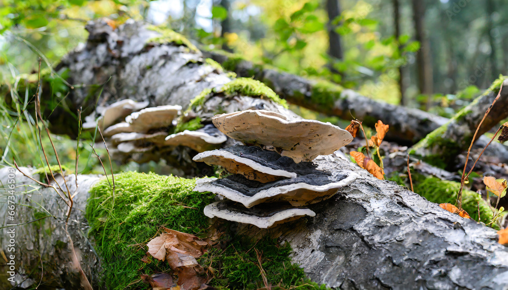 tree fungi tinder fungus fomes fomentarius on a deadwood tree trunk in the forest the tinder fungus is a species of fungus from the family of stem porling relatives polyporaceae - obrazy, fototapety, plakaty 