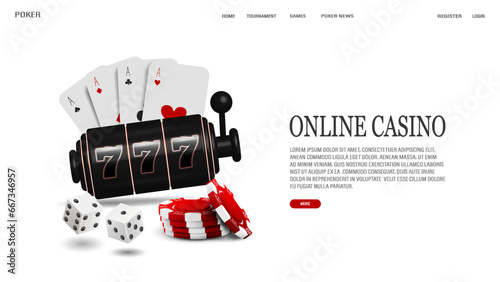 A web banner with a 3D slot machine, cards, chips and dice for poker on a white background. A concept for a casino with text.
