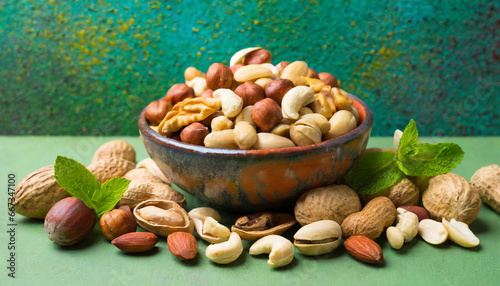 mixed nuts in bowl mix of various nuts on colored background pistachios cashews walnuts hazelnuts peanuts and brazil nuts