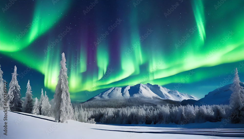 aurora borealis over the frosty forest green northern lights above mountains night nature landscape with polar lights night winter landscape with aurora creative image winter holiday concept